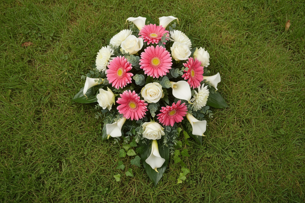 Artificial pink gerbera daisies styled in a circular funeral tribute with white roses, white calla lilies, green foliage and eucalyptus leaves placed on a green grass lawn