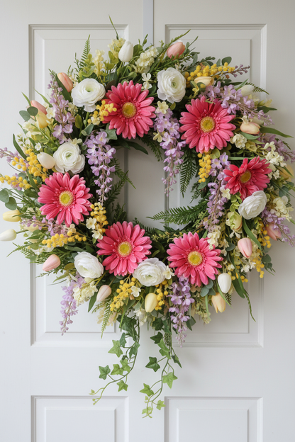 Artificial pink gerbera daisies styled in a lush spring door wreath with white ranunculus, yellow mimosa, purple wisteria, green foliage and trailing stems hanging on a white panelled door