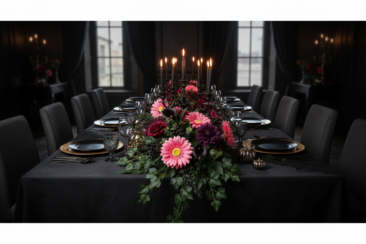 Artificial pink gerbera daisies styled in a dramatic gothic wedding table centrepiece with burgundy and purple flowers, green trailing foliage and tall black candlesticks on a long black dining table in a moody dimly lit room