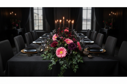 Artificial pink gerbera daisies styled in a dramatic gothic wedding table centrepiece with burgundy and purple flowers, green trailing foliage and tall black candlesticks on a long black dining table in a moody dimly lit room