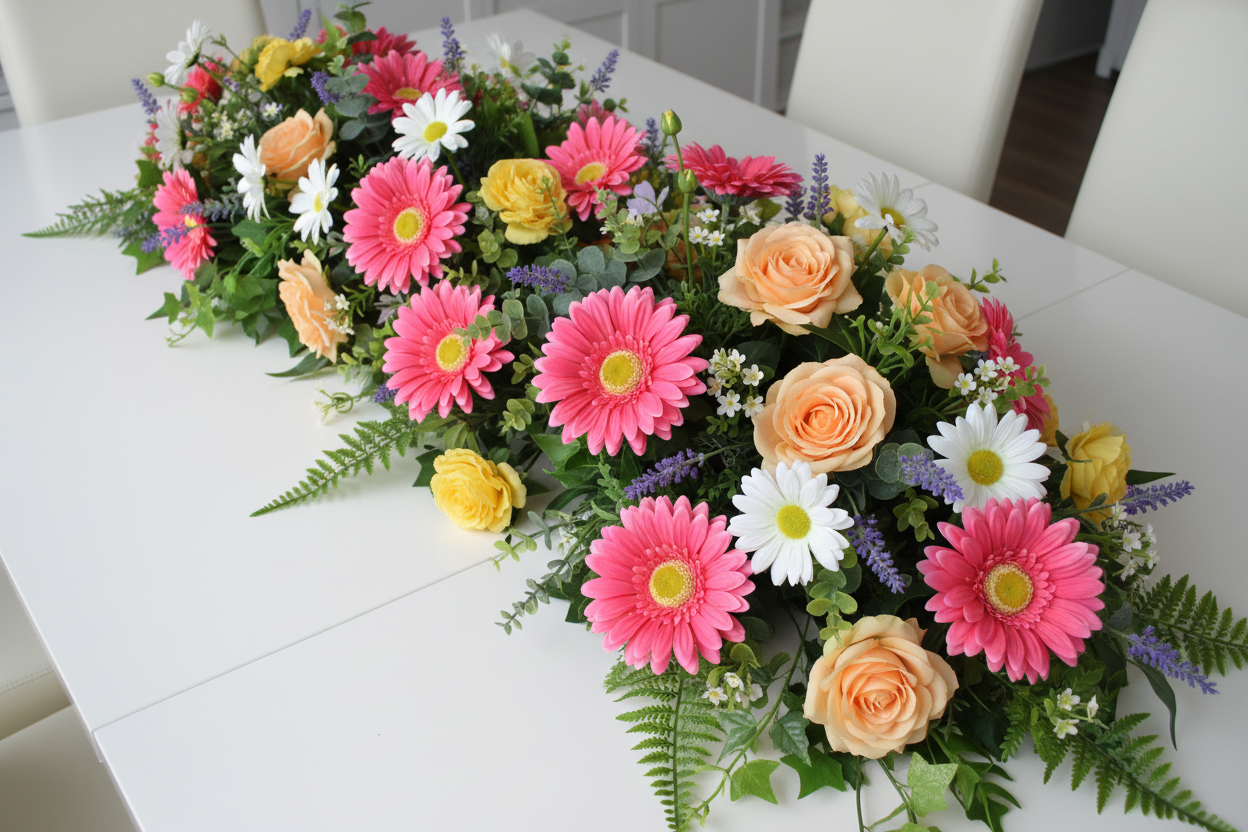 Artificial pink gerbera daisies styled in a long floral centrepiece on a white dining table with peach and yellow roses, white daisies, purple lavender, green ferns and ivy leaves