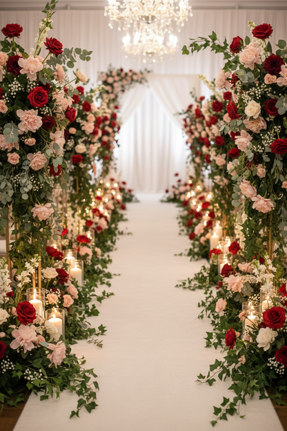 Artificial red silk open roses styled in an elegant wedding ceremony aisle with tall floral arrangements of red and blush pink roses, white flowers, green foliage and lit candles with hanging crystal chandeliers