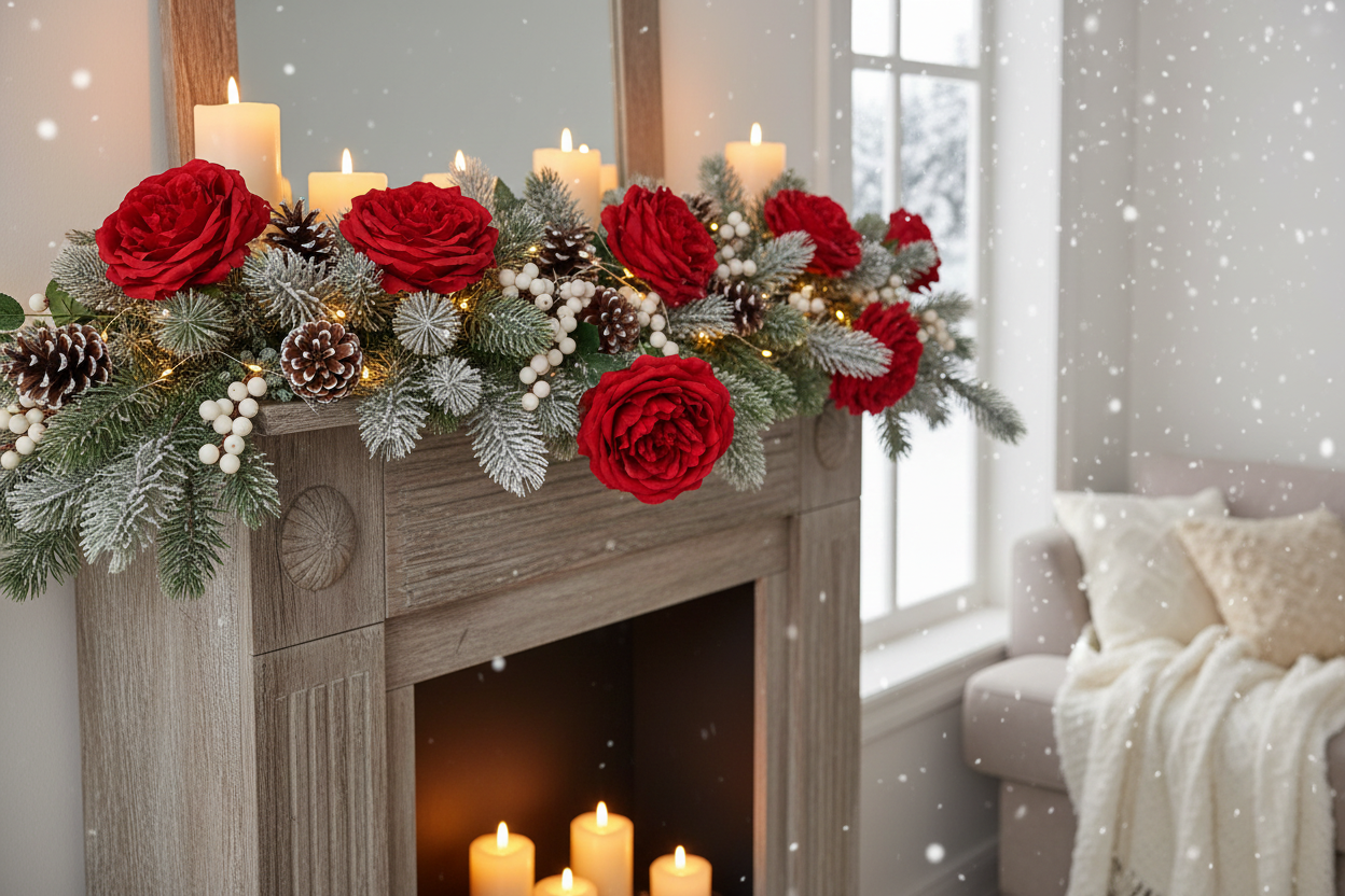 Artificial red silk open roses styled in a festive Christmas mantelpiece garland with white berries, frosted pinecones, frosted greenery and lit pillar candles on a stone fireplace in a cosy living room with snow falling outside