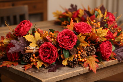 Artificial red silk open roses styled in a rich autumn floral centrepiece with yellow and orange maple leaves, pinecones, orange berries and cinnamon sticks arranged on a rustic wooden table