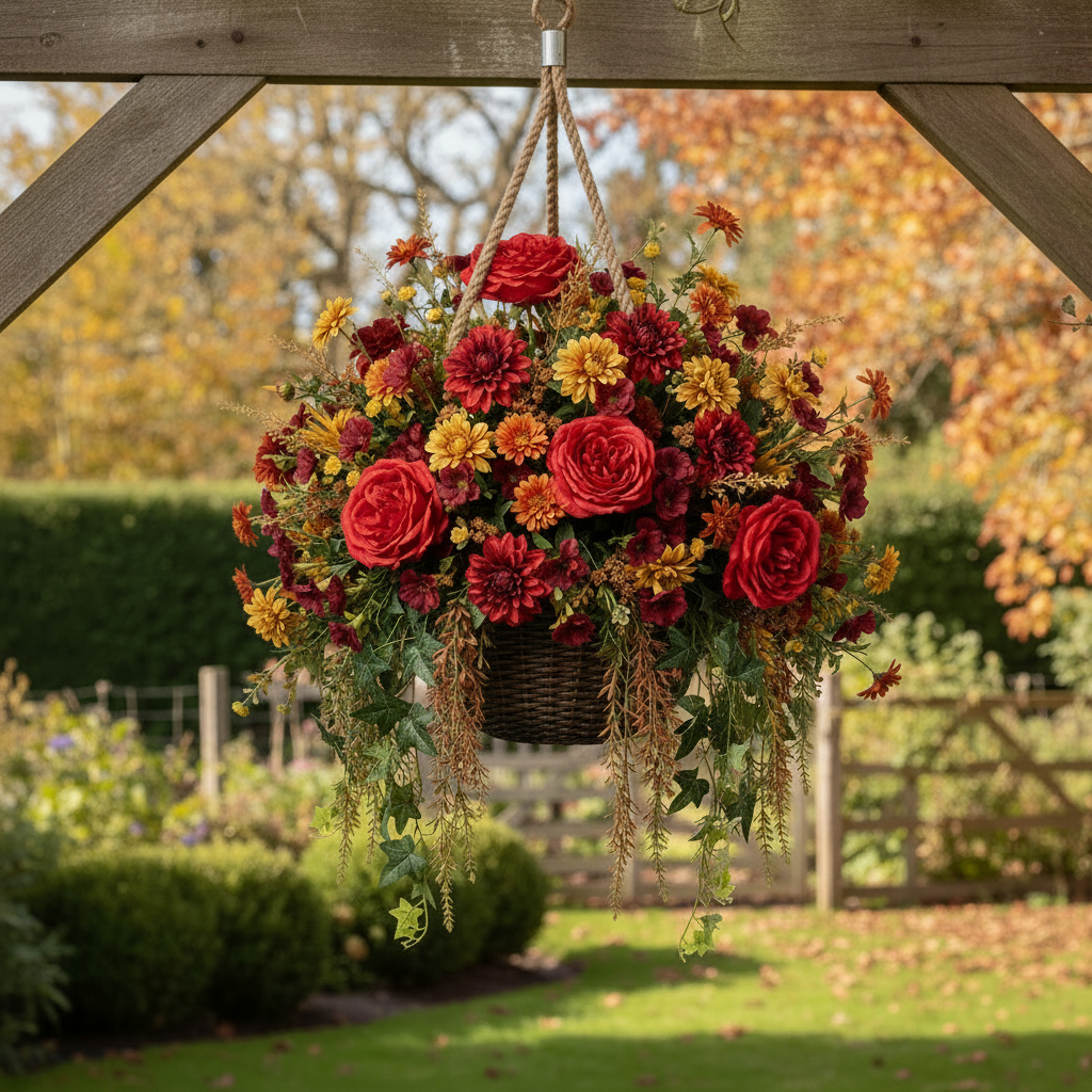 Artificial red silk open roses styled in a lush autumn hanging basket with burgundy dahlias, yellow and orange chrysanthemums, green trailing foliage and mixed autumn flowers suspended under a wooden garden arch with a blurred garden background