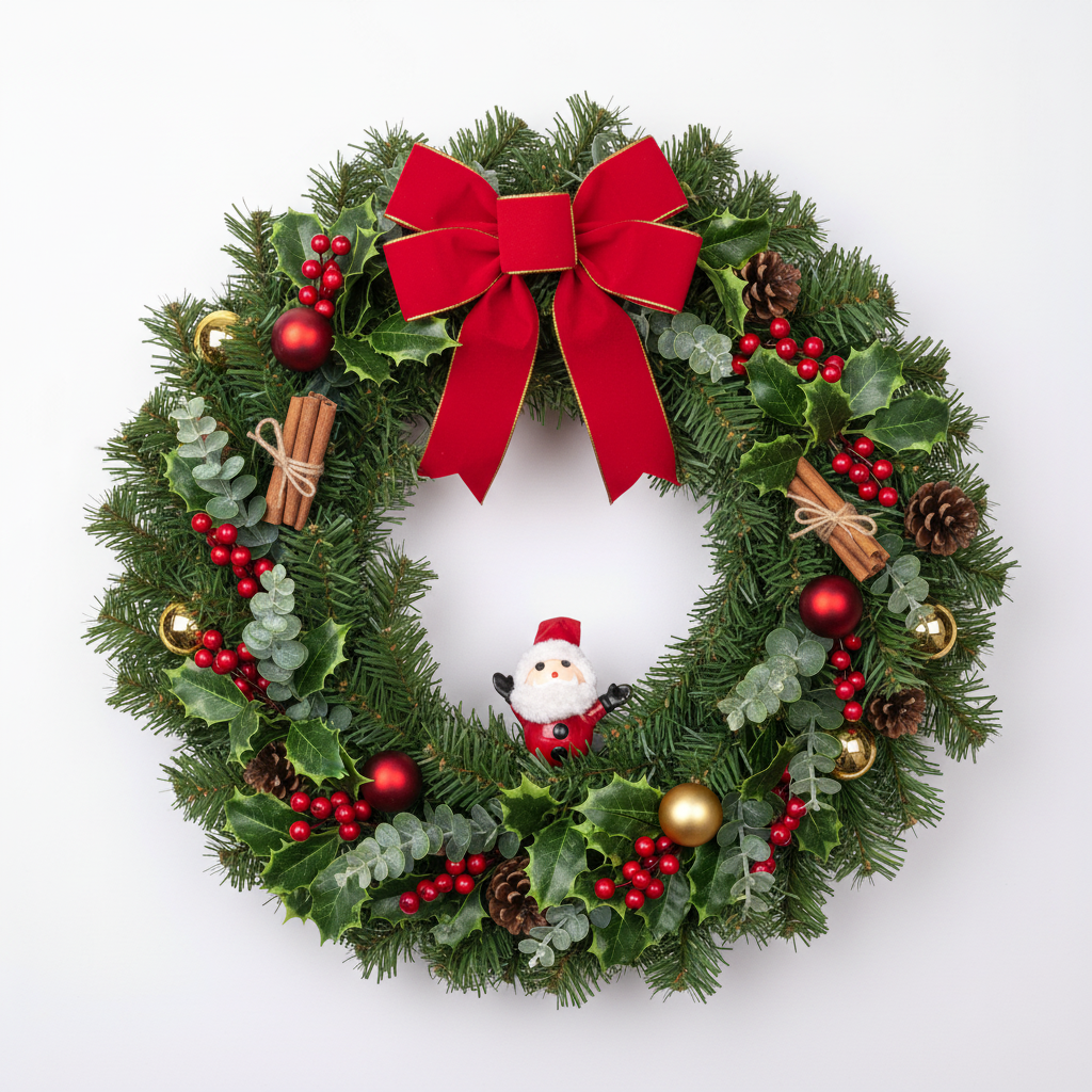 AI lifestyle image of a large circular traditional Christmas wreath made of lush green pine branches decorated with a large red ribbon bow, red berries, holly leaves, gold baubles, pine cones and cinnamon sticks with a small 3D Santa Claus Christmas pick nestled at the bottom displayed against a plain white background