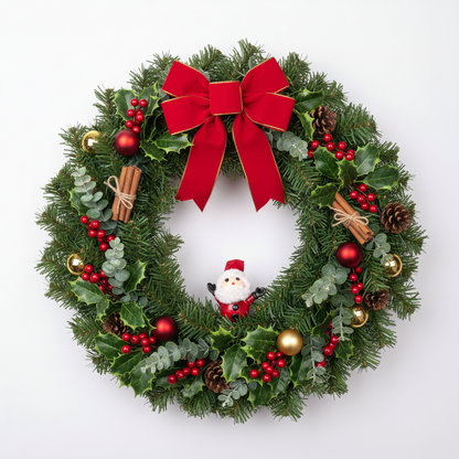 AI lifestyle image of a large circular traditional Christmas wreath made of lush green pine branches decorated with a large red ribbon bow, red berries, holly leaves, gold baubles, pine cones and cinnamon sticks with a small 3D Santa Claus Christmas pick nestled at the bottom displayed against a plain white background