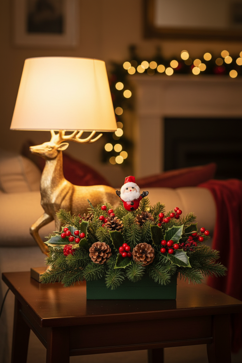 AI lifestyle image of a festive Christmas table centrepiece arrangement in a low green rectangular planter featuring pine branches, red berry picks, pine cones and a small 3D Santa Claus Christmas pick displayed on a dark wood side table next to a lit gold reindeer lamp with warm bokeh fairy lights and a cosy living room in the background