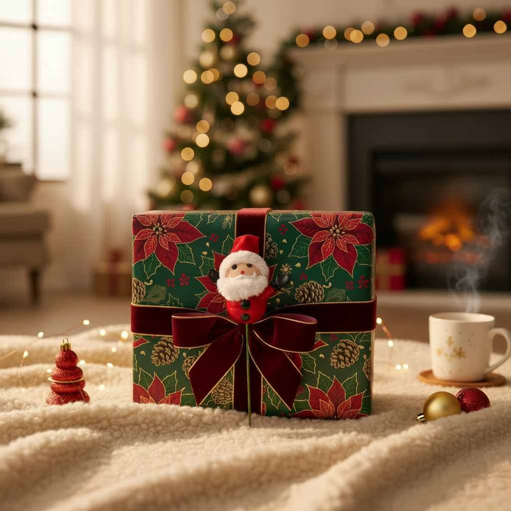 AI lifestyle image of a large Christmas gift box wrapped in green poinsettia patterned paper tied with a dark red ribbon bow and topped with a small 3D Santa Claus Christmas pick displayed on a cream fluffy blanket with gold baubles, a steaming mug and a beautifully blurred Christmas tree and glowing fireplace in the background