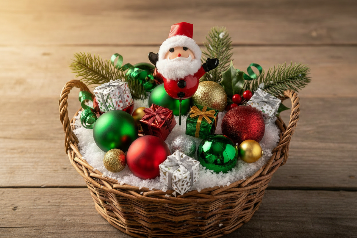 AI lifestyle image of a rustic wicker basket filled with red green and gold Christmas baubles, small wrapped gift boxes, white faux snow, green pine branches and a small 3D Santa Claus Christmas pick nestled in the centre displayed on a dark rustic wooden surface