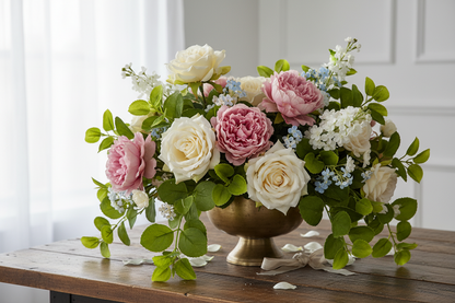 AI lifestyle image of a luxurious floral centrepiece arrangement in a gold pedestal bowl vase featuring large cream and pink roses, blush pink peonies, trailing green patchouli leaf foliage and delicate small blue filler flowers arranged in a lush full display on a rustic dark wooden table against a soft white panelled wall background