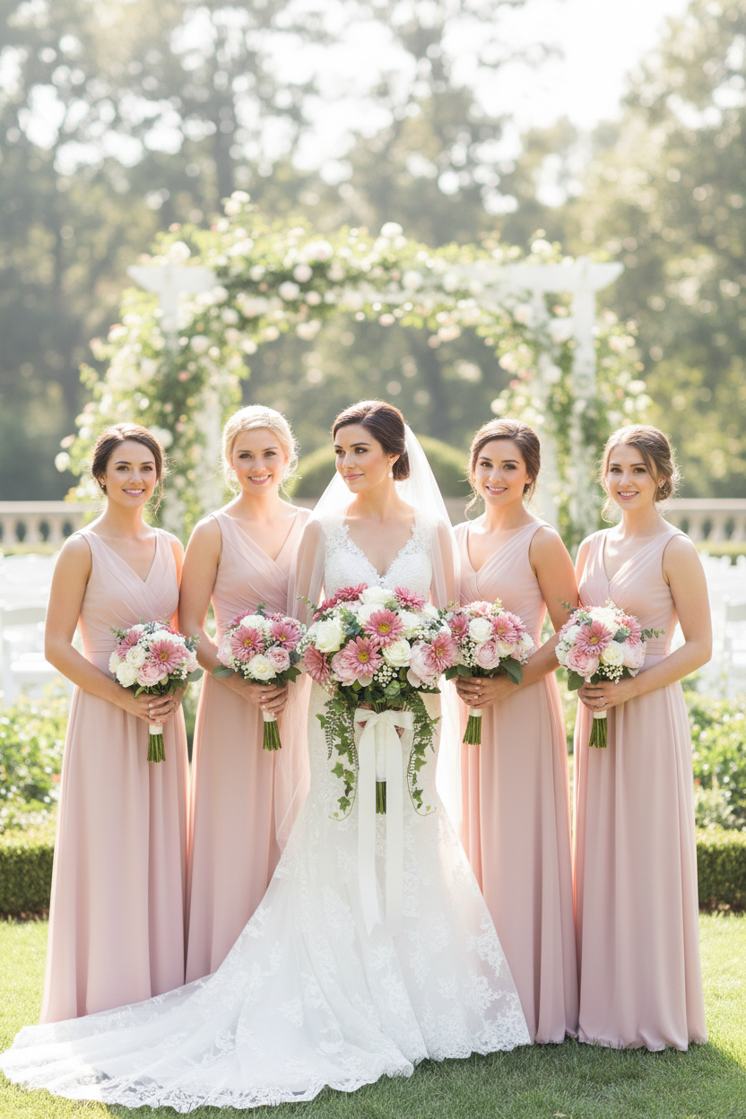 Artificial mauve gerbera bunch styled in a romantic outdoor wedding party with bride and four bridesmaids in blush pink dresses holding pink and white bouquets in a sunlit garden