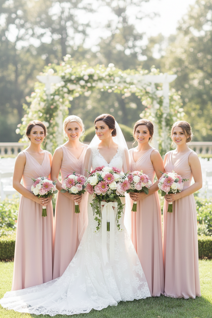 Artificial mauve gerbera bunch styled in a romantic outdoor wedding party with bride and four bridesmaids in blush pink dresses holding pink and white bouquets in a sunlit garden
