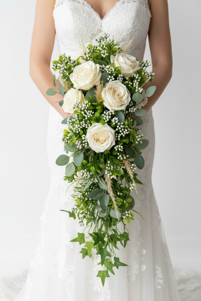 Artificial white berry and foliage stems styled in a cascading bridal wedding bouquet with white roses, eucalyptus and green trailing foliage held by a bride in a white wedding dress