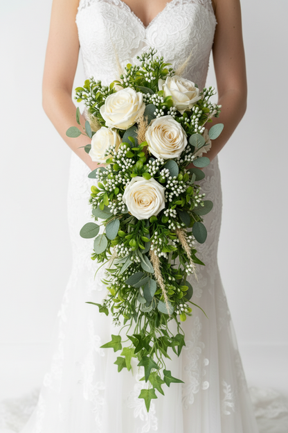 Artificial white berry and foliage stems styled in a cascading bridal wedding bouquet with white roses, eucalyptus and green trailing foliage held by a bride in a white wedding dress
