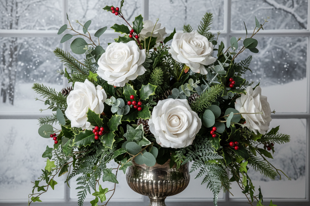 Artificial white velvet touch roses styled in a lush festive Christmas floral arrangement with green eucalyptus, pine branches, holly leaves, red berry clusters and pine cones in a metallic silver urn vase against a snowy frosted window background