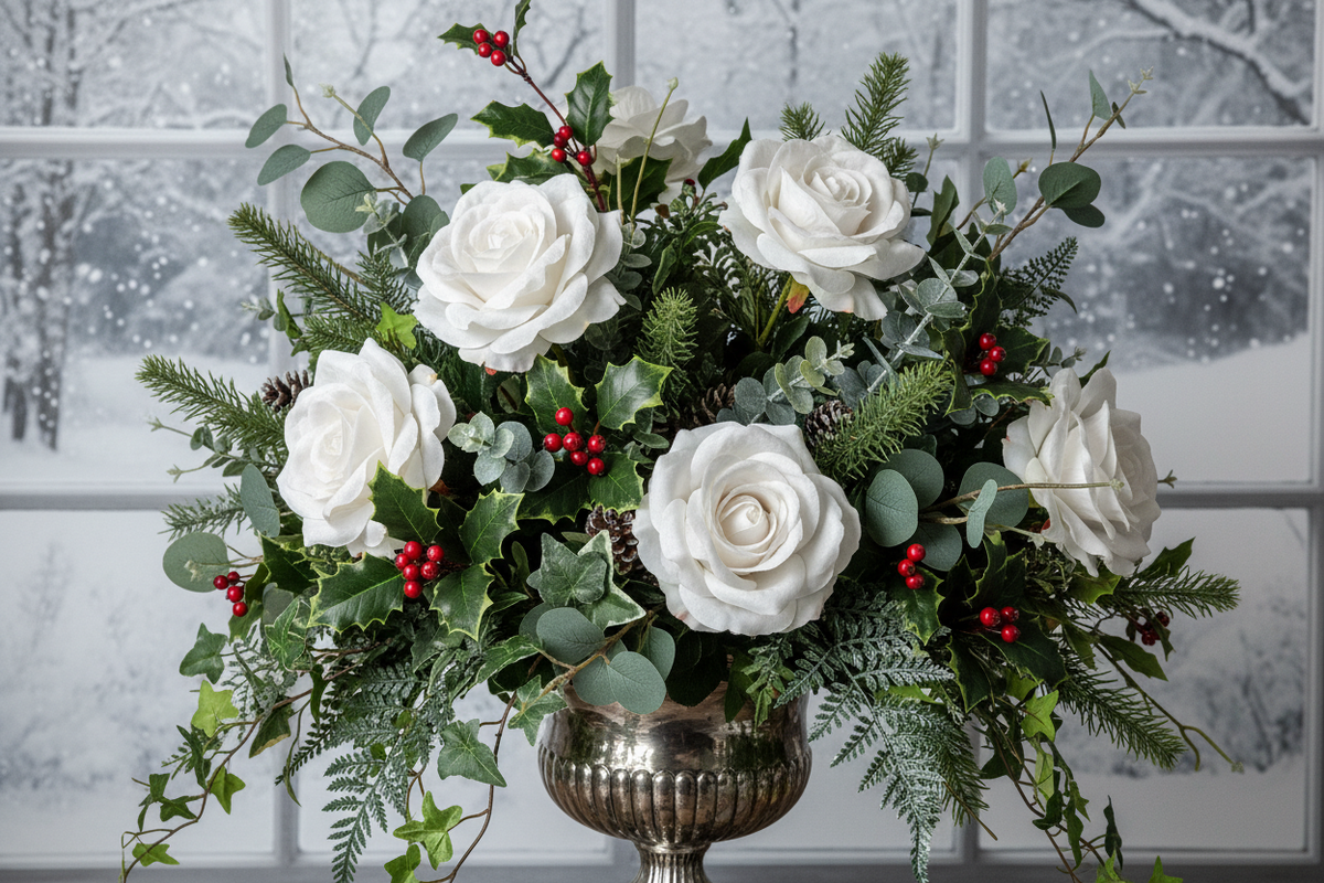 Artificial white velvet touch roses styled in a lush festive Christmas floral arrangement with green eucalyptus, pine branches, holly leaves, red berry clusters and pine cones in a metallic silver urn vase against a snowy frosted window background