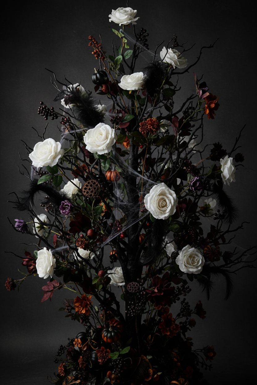 Artificial white velvet touch roses styled in a dramatic gothic Halloween floral arrangement with dark twisted bare branches, deep burgundy foliage, dark berries, purple blooms and orange berry accents against a dark black studio background