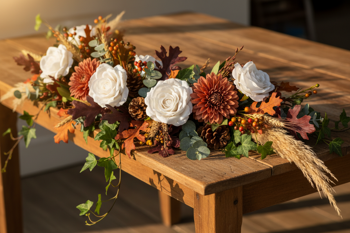 Artificial white velvet touch roses styled in a rich autumn harvest table centrepiece with burnt orange dahlias, pine cones, oak leaves, orange berry clusters, dried wheat stalks and trailing green ivy on a rustic wooden trestle table