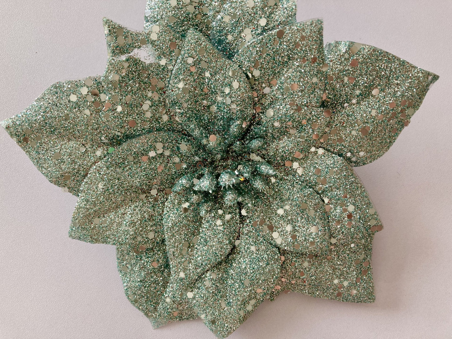 1 Mint Green/Silver Poinsettia Clip Back