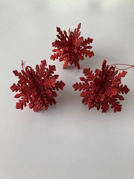 3pck Red Glitter 3D Snowflake Baubles