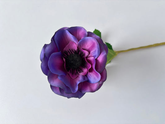 Close up landscape shot of an artificial purple anemone flower head showing the beautiful ruffled layered deep purple and magenta silk petals with a striking dark black spiky centre and green foliage leaf visible behind on a plain white background