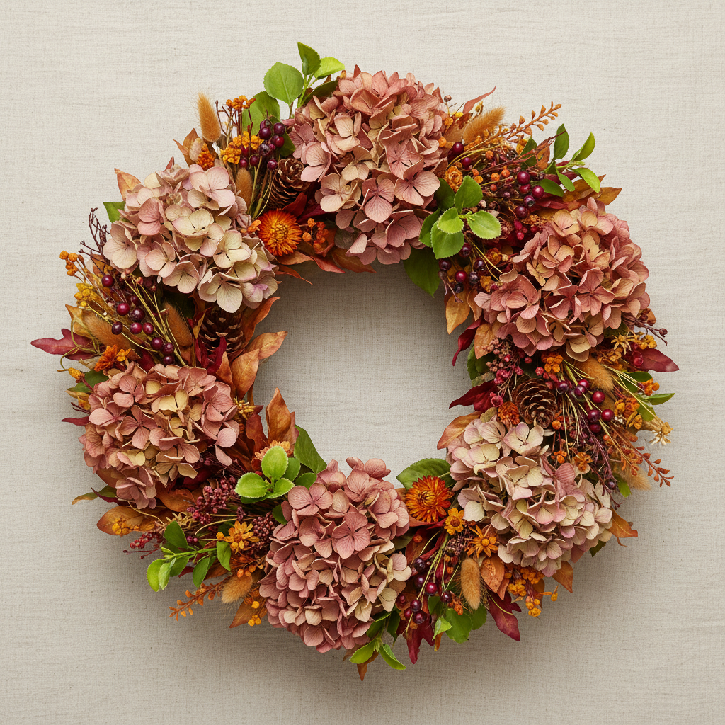 AI lifestyle image of a lush autumn floral wreath featuring dusty pink and cream hydrangea blooms, burnt orange berry clusters, small pinecones, dark burgundy foliage and bright green patchouli leaf foliage sprays dotted throughout arranged in a full circular wreath displayed against a light beige textured fabric background