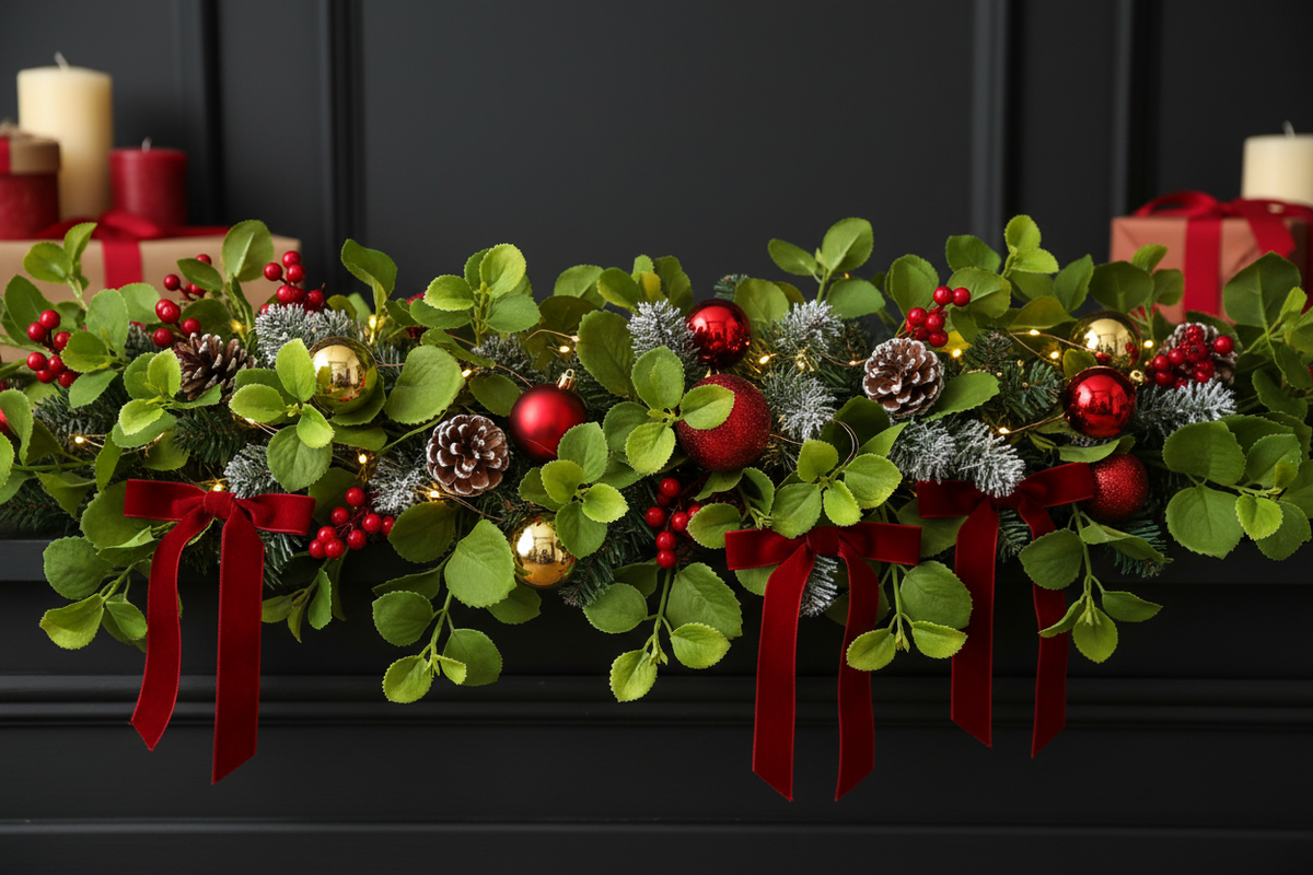 AI lifestyle image of a lush Christmas mantel garland featuring green patchouli leaf foliage, red berry clusters, snow-dusted pinecones, red and gold bauble ornaments and rich red velvet ribbon bows draped across a dark mantelpiece with tall pillar candles and wrapped Christmas gifts glowing warmly in the background