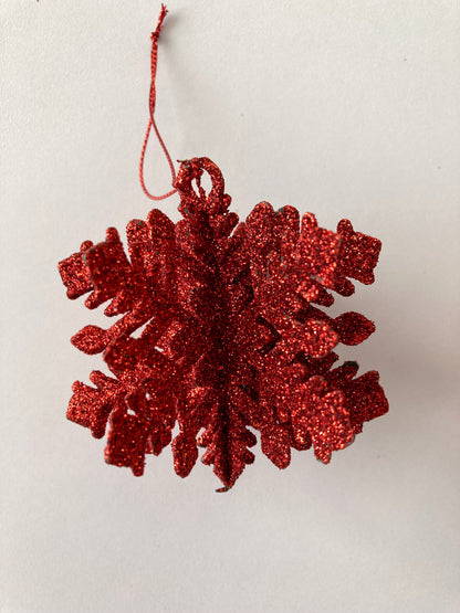 3pck Red Glitter 3D Snowflake Baubles