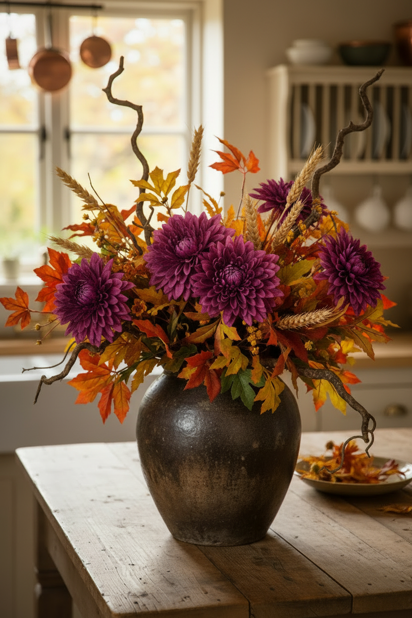 Artificial purple chrysanthemum single stems styled in a dark rustic ceramic vase with orange and yellow chrysanthemums, autumn maple leaves, twisted willow branches and wheat stems on a wooden kitchen table with a warm window light background