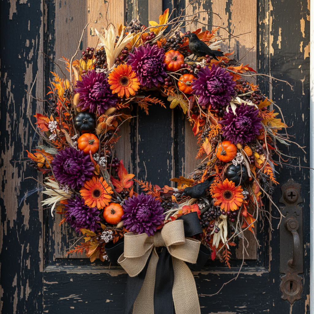 Artificial purple chrysanthemum single stems styled in a dramatic Halloween autumn door wreath with orange gerberas, small orange pumpkins, black berries, acorns, dried grasses and twisted branches hanging on a distressed dark wood door with a large burlap bow at the bottom