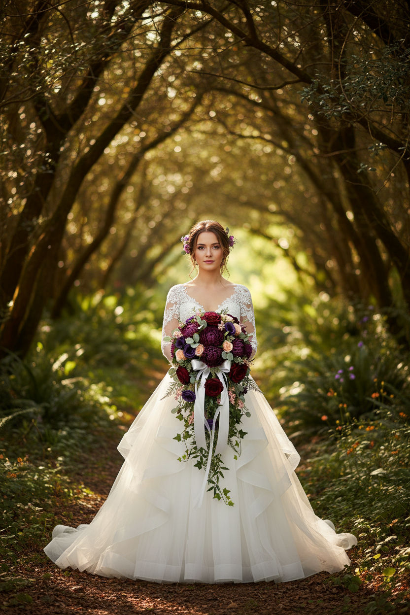 Artificial purple chrysanthemum single stems styled in a dramatic bridal bouquet with deep burgundy roses and trailing green foliage held by a bride in a white lace wedding gown standing on a sunlit woodland forest path with tall trees and golden light