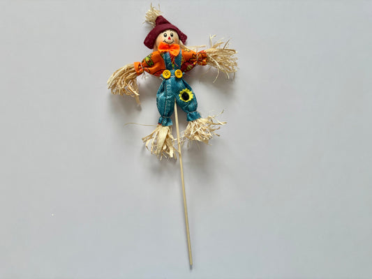 Denim Blue & Orange Floral Scarecrow Autumn Garden Pick | Decorative Harvest Stake