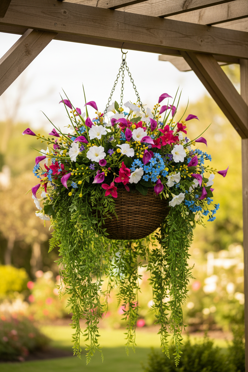 AI lifestyle image of a lush overflowing wicker hanging basket arrangement featuring small pink calla lily flower heads, hot pink blooms, blue flowers, white flowers and long trailing green ivy strands hanging from a wooden pergola frame with a blurred lush garden in the background