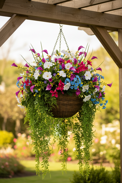 AI lifestyle image of a lush overflowing wicker hanging basket arrangement featuring small pink calla lily flower heads, hot pink blooms, blue flowers, white flowers and long trailing green ivy strands hanging from a wooden pergola frame with a blurred lush garden in the background