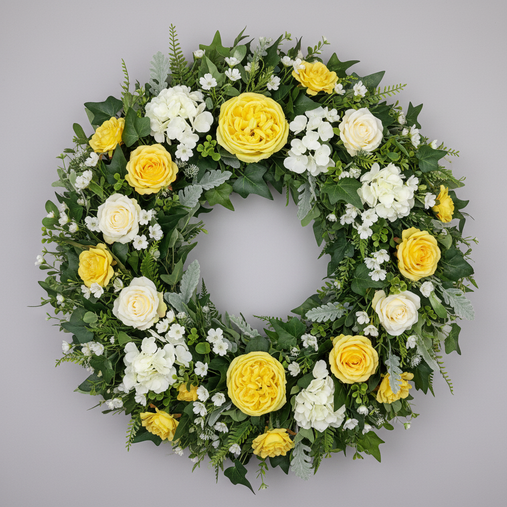 Artificial yellow silk open roses styled in a large round funeral wreath with white roses, gypsophila and green foliage on a white background