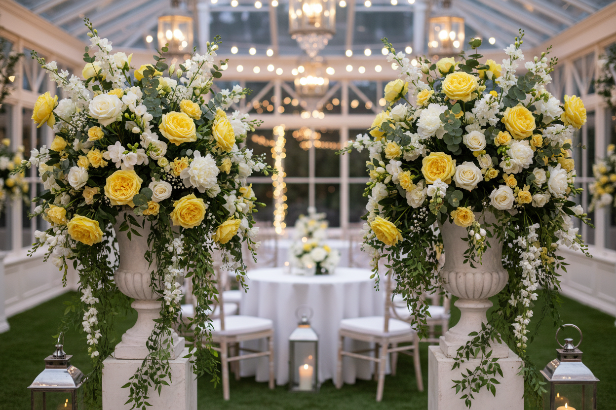 Artificial yellow silk open roses styled in two large elegant pedestal arrangements with white roses, gypsophila and trailing green foliage in white urns inside a glass orangery wedding venue with fairy lights, candles and silver Chiavari chairs