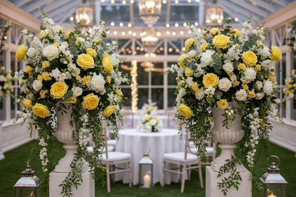 Artificial yellow silk open roses styled in two large elegant pedestal arrangements with white roses, gypsophila and trailing green foliage in white urns inside a glass orangery wedding venue with fairy lights, candles and silver Chiavari chairs