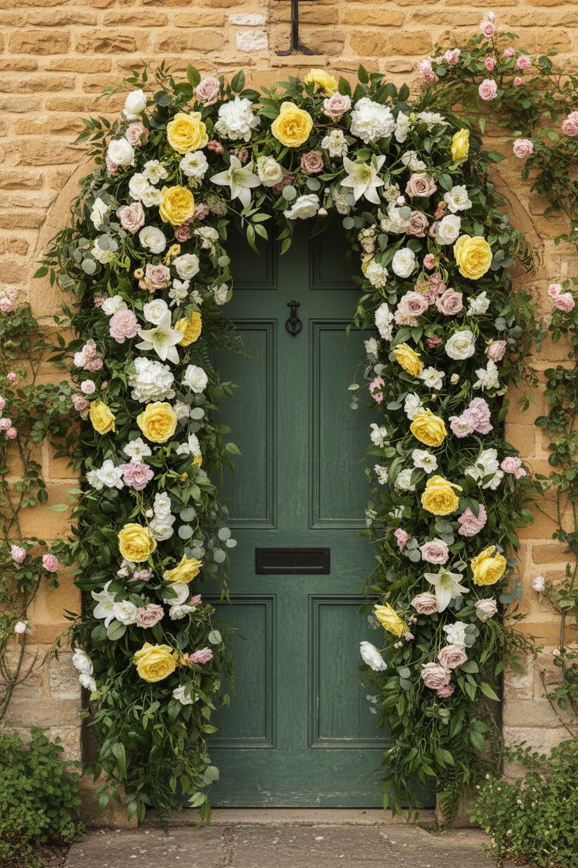 Artificial yellow silk open roses styled in a lush wedding ceremony arch over a sage green front door on a honey stone cottage wall with white and cream roses and trailing green foliage
