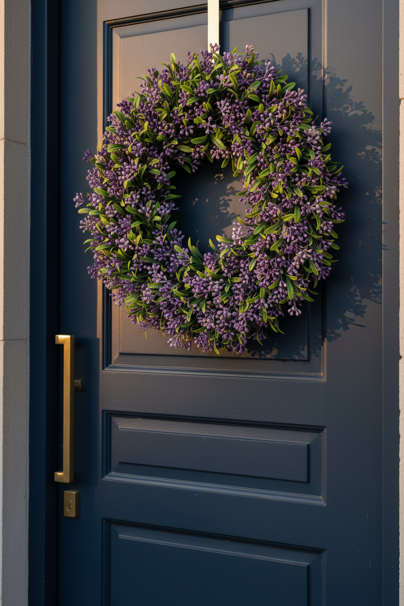 White & Purple Berry Wreath Example – faux floral décor by Whimsical Blossom Floristry