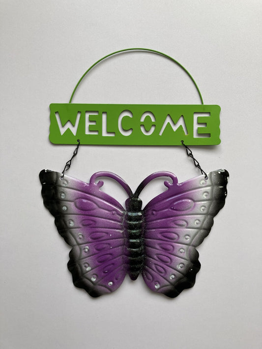 Butterfly Welcome Sign Purple Metal Wall Decor
