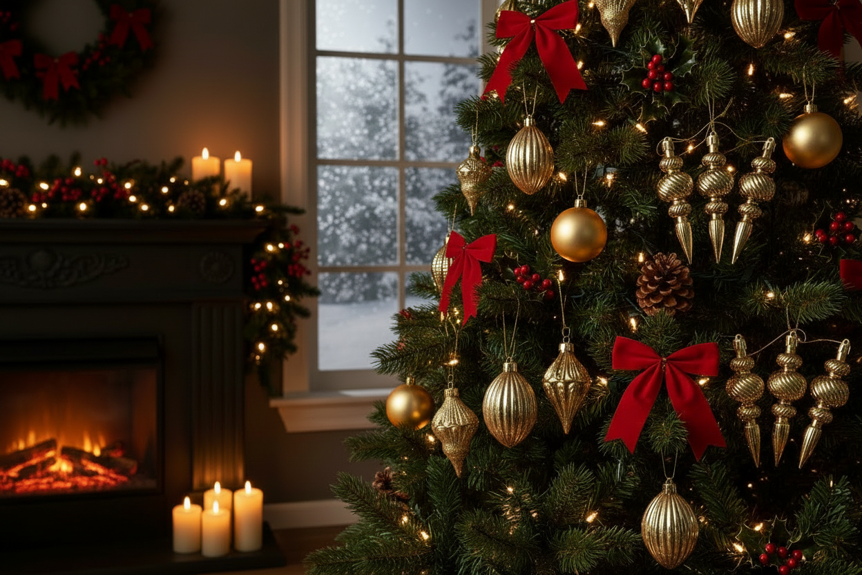 Gold Christmas spindle baubles styled on a lush decorated Christmas tree with red ribbon bows, round gold baubles and pine cones beside a lit fireplace with candles and a garland in a cosy room with a snowy window view