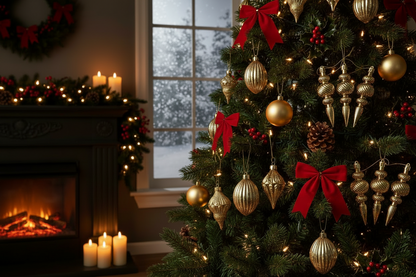 Gold Christmas spindle baubles styled on a lush decorated Christmas tree with red ribbon bows, round gold baubles and pine cones beside a lit fireplace with candles and a garland in a cosy room with a snowy window view
