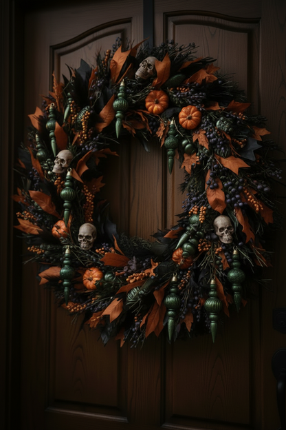 Green Christmas spindle baubles styled in a dark gothic Halloween door wreath with autumn leaves, mini pumpkins, skull ornaments, dark berries and green foliage hanging on a dark wooden arched door