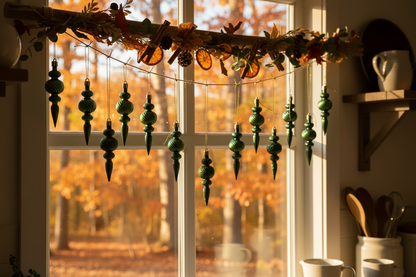 Green Christmas spindle baubles hanging from a rustic branch window garland with dried orange slices and autumn leaves suspended in front of a large window with a golden autumn woodland view beyond in a warm cosy kitchen