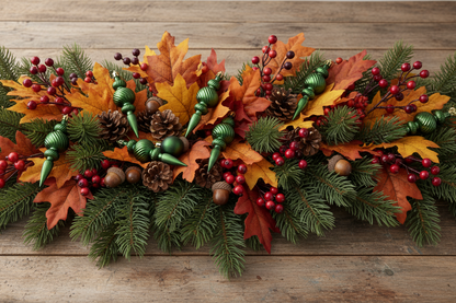 Green Christmas spindle baubles styled in an autumn harvest table garland centrepiece with orange and yellow maple leaves, red berries, pine cones, acorns and green pine branches arranged on a rustic wooden surface