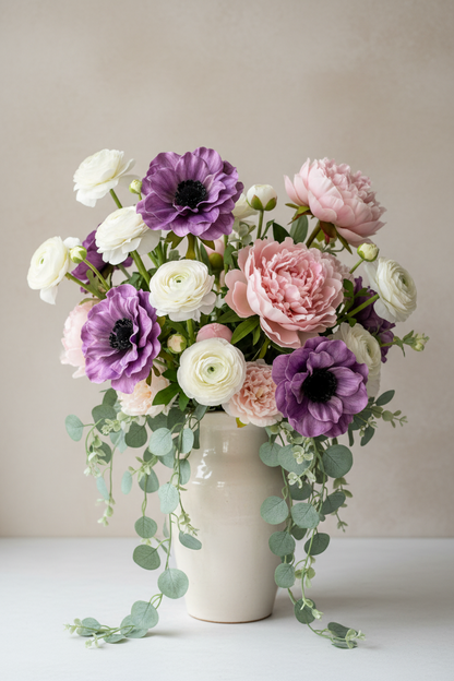 AI lifestyle image of a beautiful spring floral arrangement in a matte cream ceramic vase featuring purple anemones with dark black centres, blush pink peonies, white ranunculus and trailing green eucalyptus stems displayed against a soft warm beige background