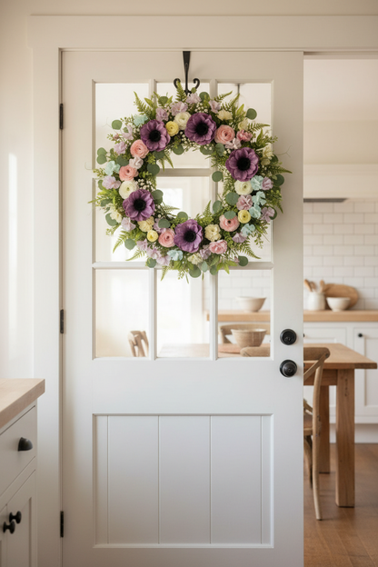 AI lifestyle image of a beautiful spring floral wreath featuring purple anemones, blush pink flowers, white blooms and trailing green eucalyptus leaves hanging on a white panelled front door in a bright airy kitchen interior