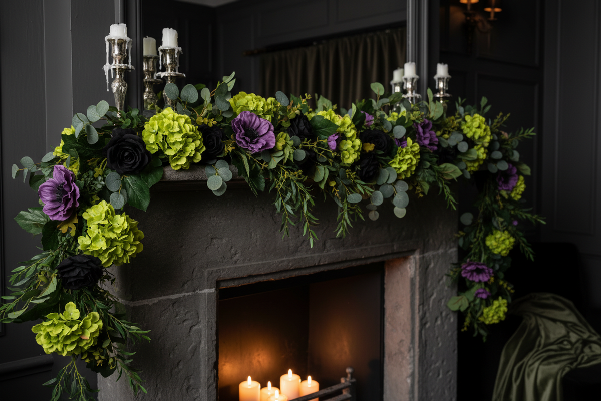AI lifestyle image of a dramatic dark luxury fireplace mantel decorated with a lush floral garland featuring purple anemones, large green hydrangea heads and trailing eucalyptus with silver candelabras on the mantel and three pillar candles glowing in the fireplace below in a moody dark stone interior