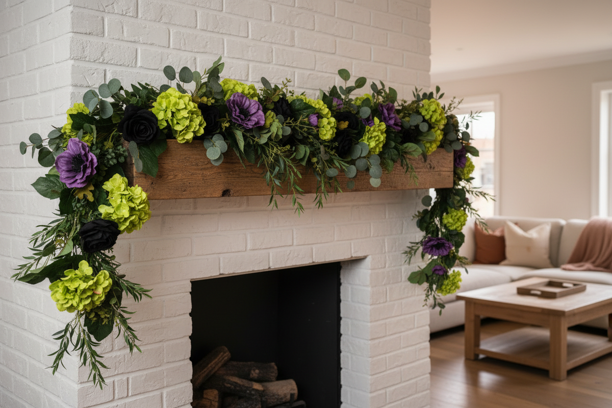 AI lifestyle image of a bright modern living room with a white painted brick fireplace and rustic wooden beam mantel decorated with a lush draped floral garland featuring purple anemones, large lime green hydrangea heads and trailing eucalyptus leaves in a warm cosy interior setting